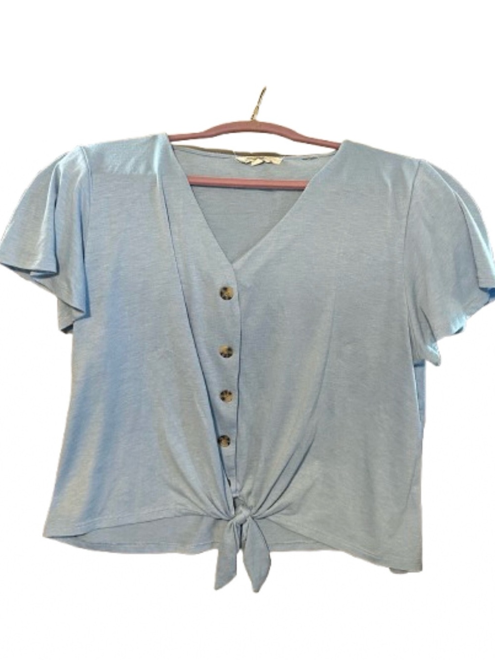 PINQUE Women’s Tie-Front Button Down Crop Top Light Blue XXL Knit Shirt Flutter